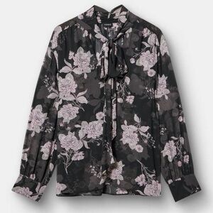 torrid Black Blouse with Dusty Pink Floral Tie-Neck